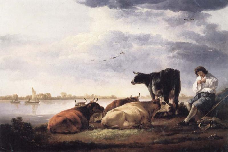 Aelbert Cuyp Cows and Herdsman by a River oil painting picture